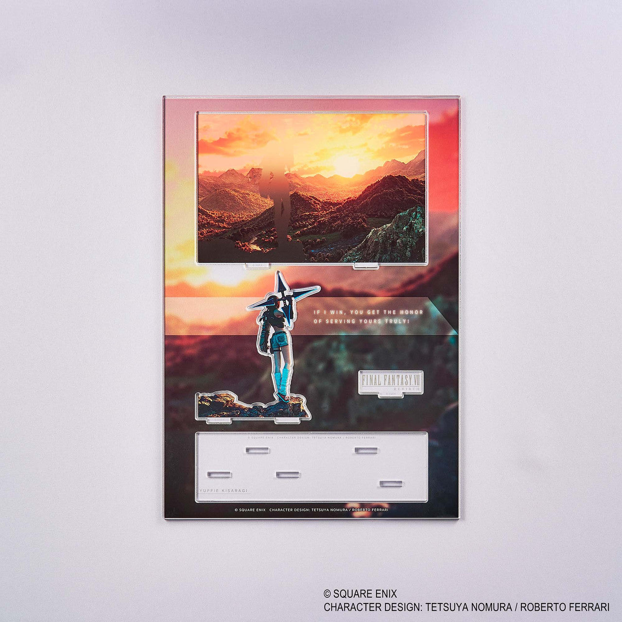 Final Fantasy VII Rebirth Acrylic Diorama - Yuffie (PREORDER) - Final Fantasy VII Rebirth acrylic diorama featuring Yuffie standing with sunset mountain background and multiple display.