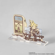 Final Fantasy VII Rebirth Acrylic Stand - Napping Cloud (PREORDER) - Acrylic stand featuring a chibi-style yellow-haired character sitting on a blue bench next to a beige and brown phone booth.