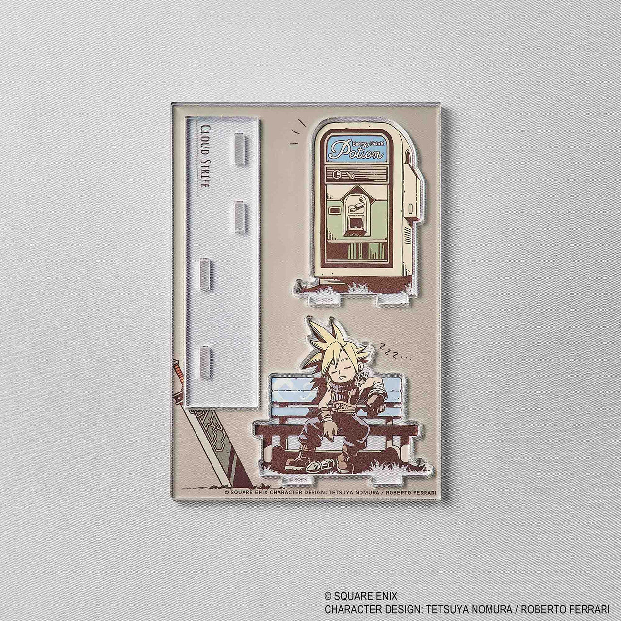 Final Fantasy VII Rebirth Acrylic Stand - Napping Cloud (PREORDER) - Clear acrylic stand featuring chibi-style Cloud Strife with spiky blond hair sleeping on a bench and a stylized phone booth.