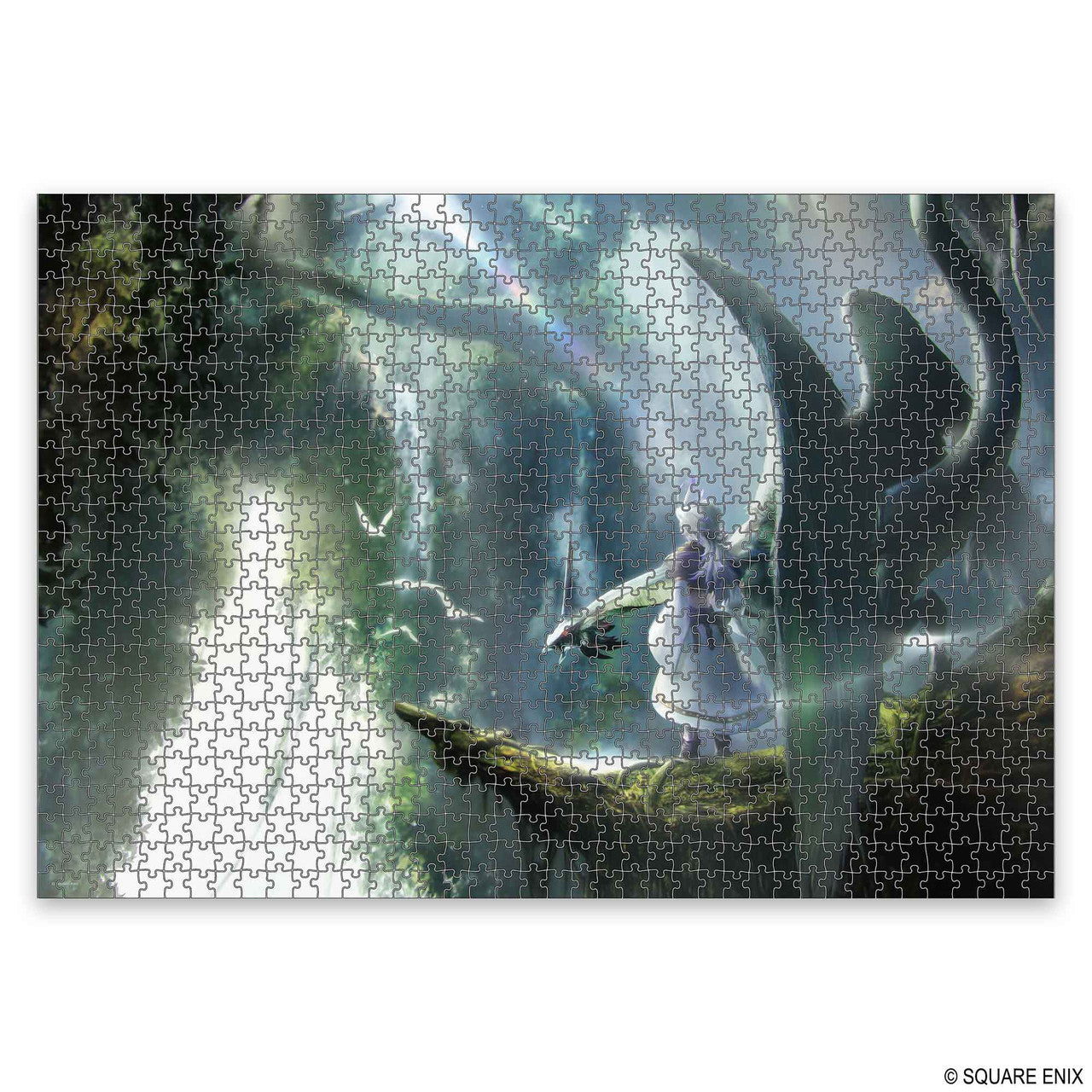 Puzzle: Final Fantasy IX- Reclusion (1000 pieces) (PREORDER) - 1000-piece Final Fantasy IX puzzle featuring a mystical forest scene with a cloaked figure on a mossy branch under ethereal.