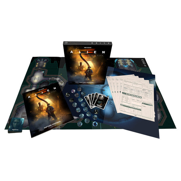 ALIEN RPG: Adventure: Rapture Protocol Cinematic Adventure Set - Alien RPG Adventure Rapture Protocol set with dark-themed game box, character sheets, cards, tokens, and game board.