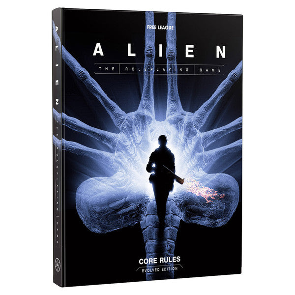ALIEN RPG: Evolved Edition: Core Rulebook - Black softcover book titled Alien RPG with glowing blue alien face and silhouette of armed figure on cover.