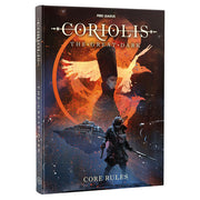 Coriolis: The Great Dark Core Rules - Dark-themed RPG rulebook with a silhouette figure, fiery orange and red space background, and bold white title text.