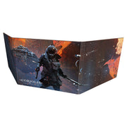 Coriolis: The Great Dark Gamemaster Screen - Folded gamemaster screen featuring dark sci-fi artwork with an armored warrior and fiery planet background.