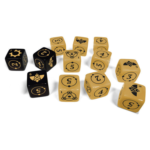 Coriolis: The Great Dark Core Dice Set - Set of black and tan polyhedral dice with gold numbers and sci-fi symbols for RPG gaming.