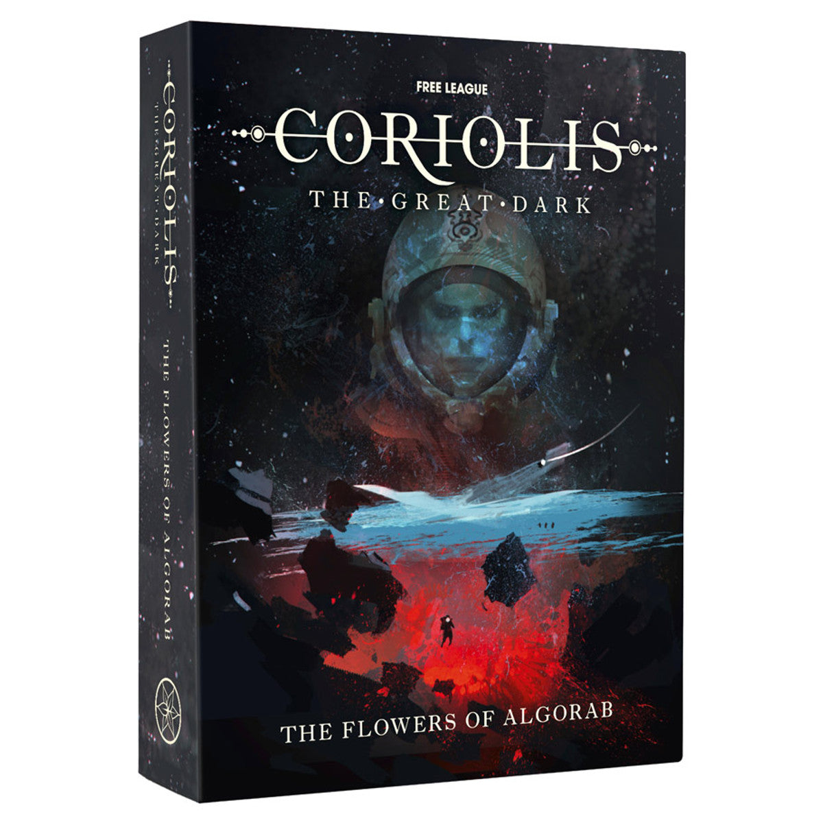 Coriolis: Adventure: The Flowers of Algorab (PREORDER) - Dark-themed RPG book cover featuring a space helmeted figure and red cosmic landscape.