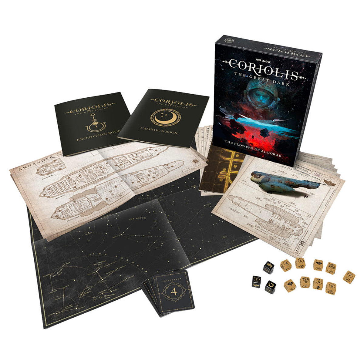 Coriolis: Adventure: The Flowers of Algorab (PREORDER) - Black and dark blue Coriolis RPG box with cosmic artwork, rulebooks, star maps, spaceship diagrams, and tan polyhedral dice.