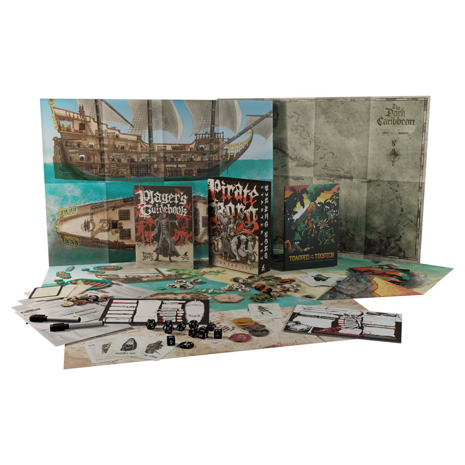 PIRATE BORG: Starter Set (PREORDER) - Pirate-themed RPG starter set with colorful game boards, detailed rulebooks, character sheets, and dice scattered on a white