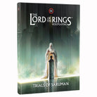D&D 5E: The Lord of the Rings: Trials of Saruman (PREORDER) - Dark green and black themed hardcover book with white and red text, featuring a robed figure holding a staff behind a.