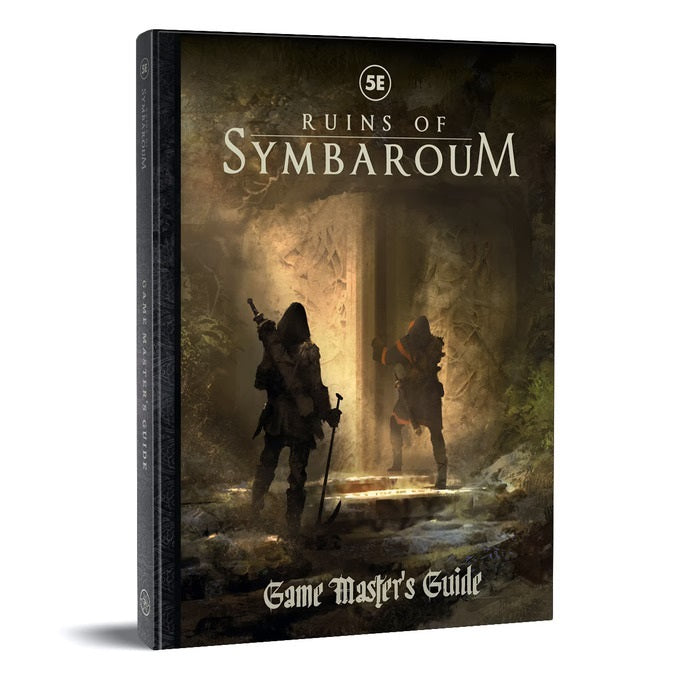 Ruins of Symbaroum RPG: Gamemaster's Guide (5E) - Dark fantasy book cover with two shadowy figures in an ancient forest, titled Ruins of Symbaroum Gamemaster's Guide 5E.