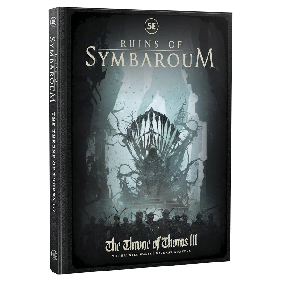 Ruins of Symbaroum 5E: The Throne of Thorns Part III (PREORDER) - Dark fantasy book cover with a throne made of twisted thorns and branches against a misty forest background.