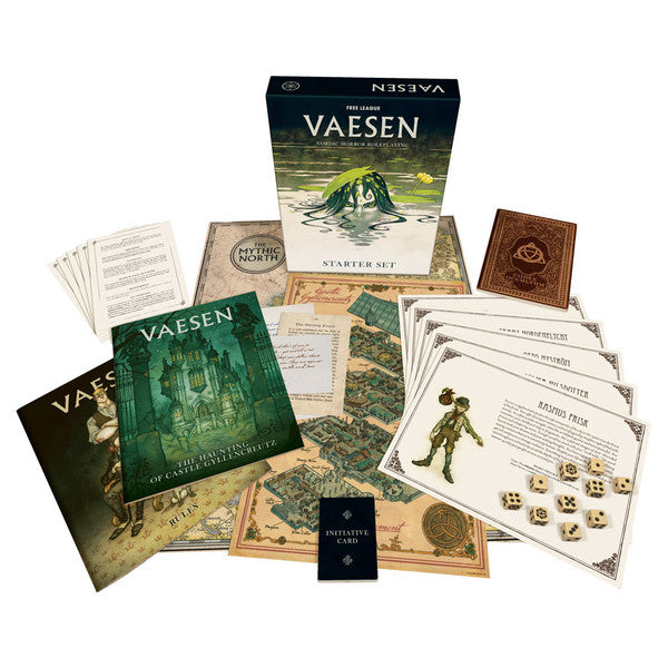Vaesen: Nordic Horror Roleplaying Starter Set - Nordic Horror Roleplaying Starter Set with a dark green and black box, illustrated game guides, multiple cards featuring.