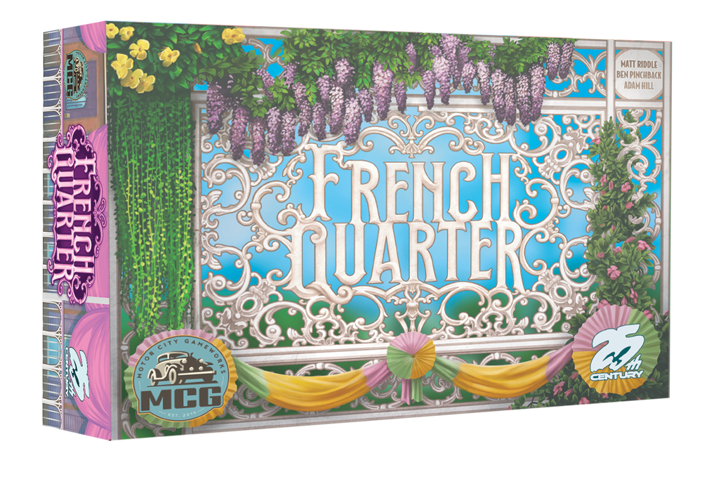 French Quarter - Colorful board game box with intricate floral design, purple wisteria, and elegant lettering reading "French Quarter".