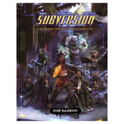 Subversion - Dark futuristic cyberpunk scene with diverse characters wielding neon weapons and cybernetic enhancements.