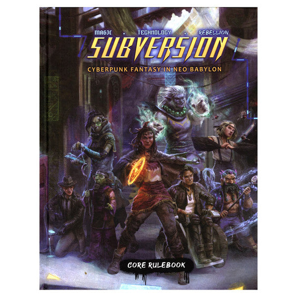 Subversion - Dark futuristic cyberpunk scene with diverse characters wielding neon weapons and cybernetic enhancements.