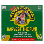 The Farming Game - Green square board game box titled The Farming Game with cartoon farmer and farm animals illustration.