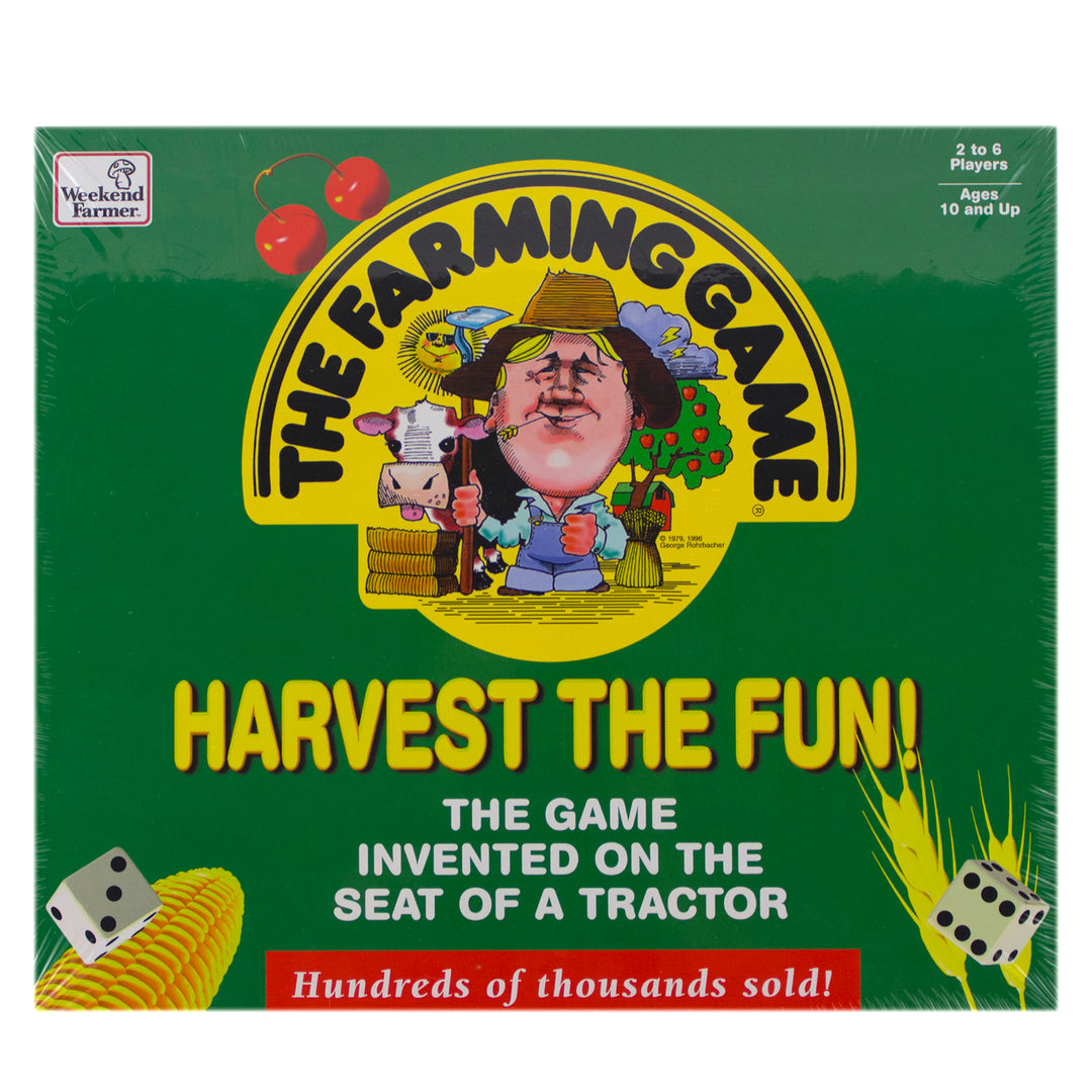 The Farming Game - Green square board game box titled The Farming Game with cartoon farmer and farm animals illustration.