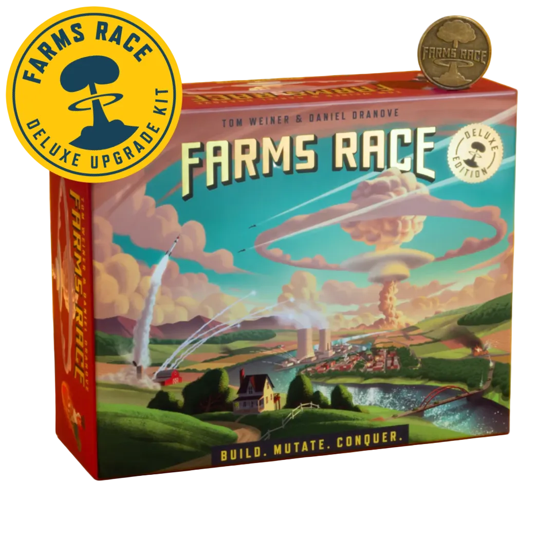 Farms Race: Deluxe Upgrade Kit (PREORDER) - Farms Race Deluxe Upgrade Kit box with colorful sci-fi farmland artwork and yellow circular badge on red background.