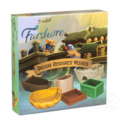 Everdell: Farshore Deluxe Resource Vessels (PREORDER) - Colorful game expansion box featuring detailed resin resource vessels shaped like a boat, barrel, crate, and basket.