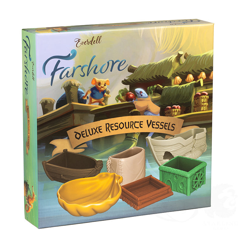 Everdell: Farshore Deluxe Resource Vessels (PREORDER) - Colorful game expansion box featuring detailed resin resource vessels shaped like a boat, barrel, crate, and basket.