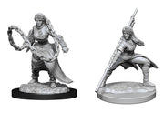 D&D Nolzur's Marvelous Minis: Human Monk Female - Two unpainted gray plastic miniatures of a female human monk; one standing with a chain weapon, the other in a dynamic pose.