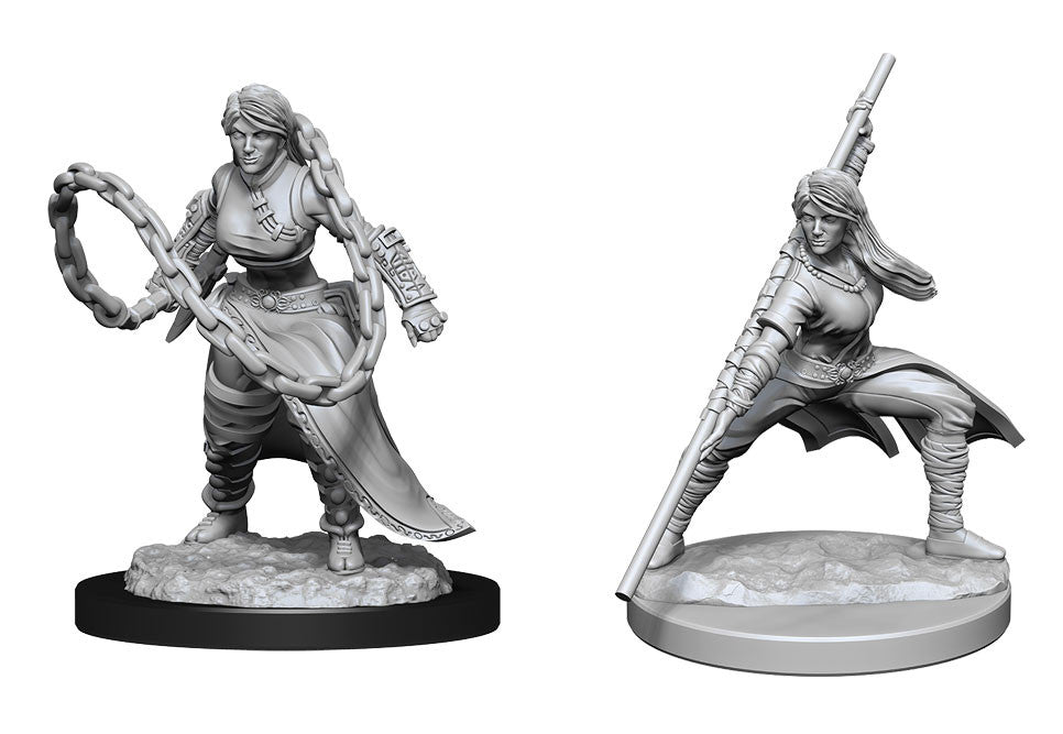 D&D Nolzur's Marvelous Minis: Human Monk Female - Two unpainted gray plastic miniatures of a female human monk; one standing with a chain weapon, the other in a dynamic pose.