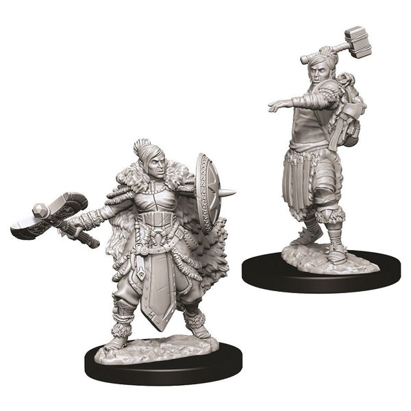 D&D Nolzur's Marvelous Miniatures: Female Half-Orc Barbarian - Unpainted gray plastic female half-orc barbarian miniature with armor, shield, and axe on black base alongside another.