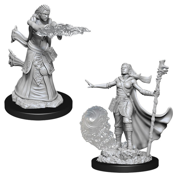 D&D Nolzur's Marvelous Miniatures: Female Human Wizard - Unpainted gray resin miniatures of a female human wizard casting a fire spell and a male wizard with a staff and flowing.