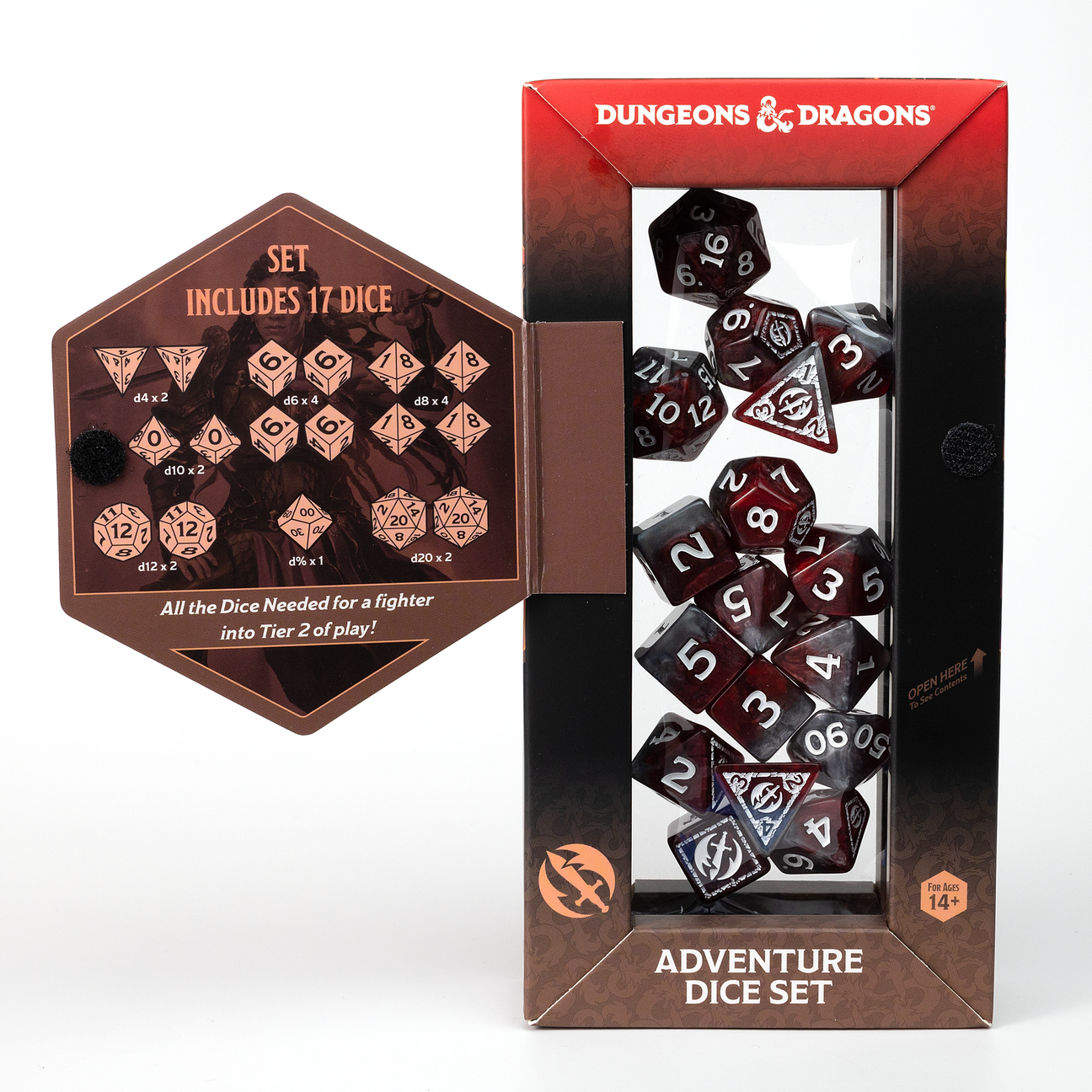 D&D Adventure Dice: Fighter (Red) - Set of 17 red and white polyhedral dice for Dungeons & Dragons in black and red packaging with dice display and product.