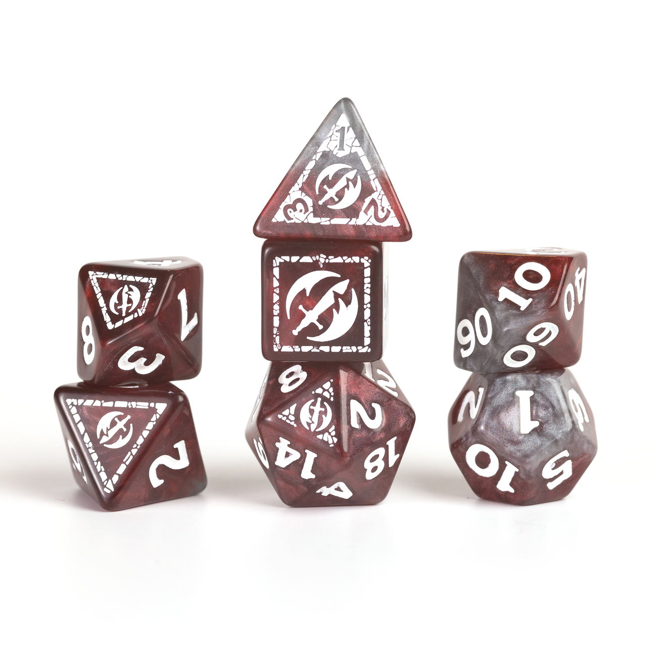 D&D Adventure Dice: Fighter (Red) - Set of seven red polyhedral dice with white numbers and fighter-themed symbols for tabletop gaming.