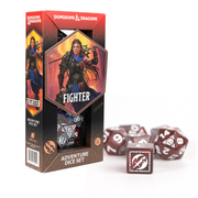 D&D Adventure Dice: Fighter (Red) - Set of red polyhedral dice with white numbering, designed for D&D Fighter character, displayed with themed packaging.
