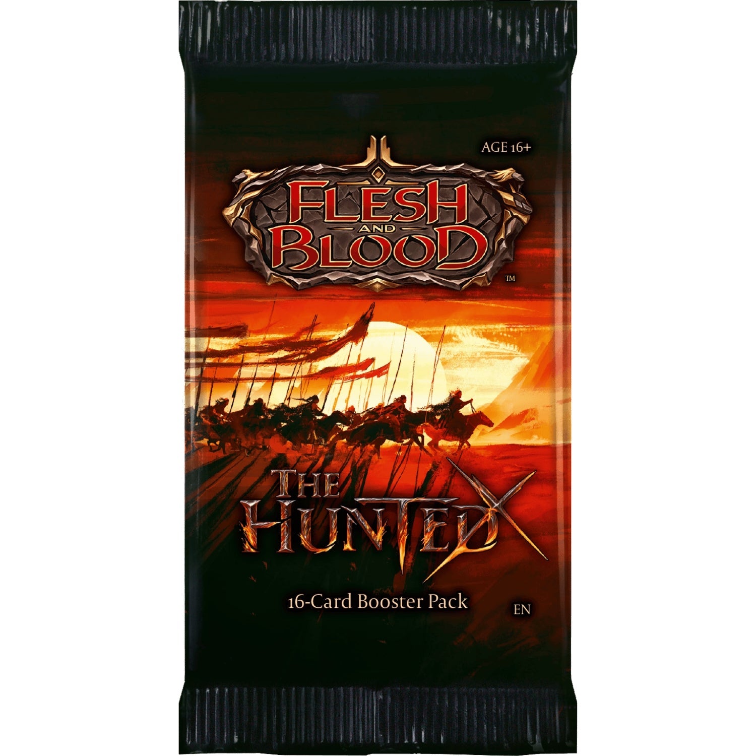 Flesh and Blood: The Hunted Booster Pack - Flesh and Blood The Hunted booster pack with fiery orange and black warrior-themed design, 16 cards.