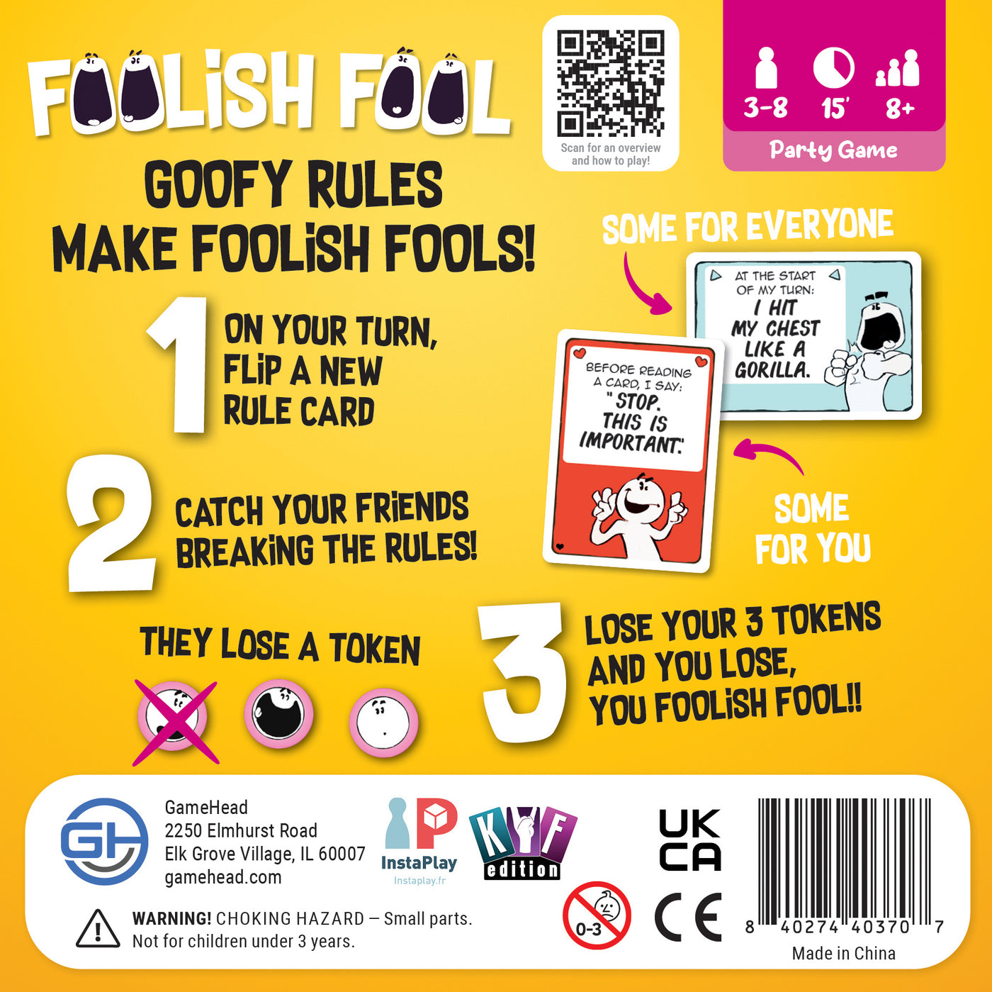 Foolish Fool - Foolish Fool party game card with colorful tokens and playful rule cards featuring bold black, white, red, and yellow design.