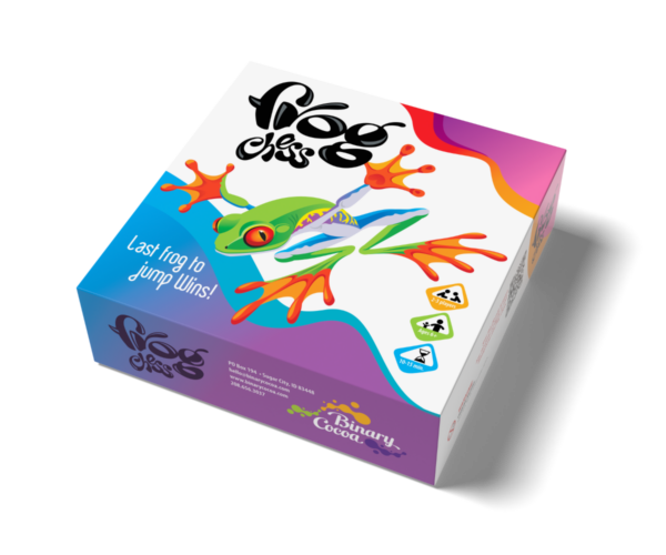 Frog Chess - Colorful square game box with a vibrant frog illustration and black stylized text on white background.