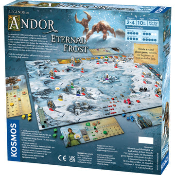 Legends of Andor - Eternal Frost - Board game box featuring a snowy mountain landscape with miniature figurines and colorful game pieces on a detailed icy map.