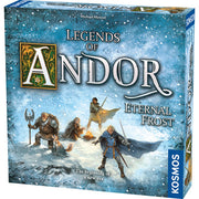 Legends of Andor - Eternal Frost - Board game box featuring snowy mountainous landscape with four fantasy characters, including a warrior, mage, and archer,.