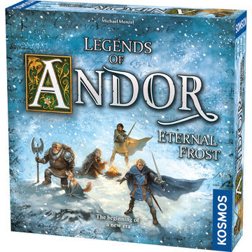 Legends of Andor - Eternal Frost - Board game box featuring snowy mountainous landscape with four fantasy characters, including a warrior, mage, and archer,.
