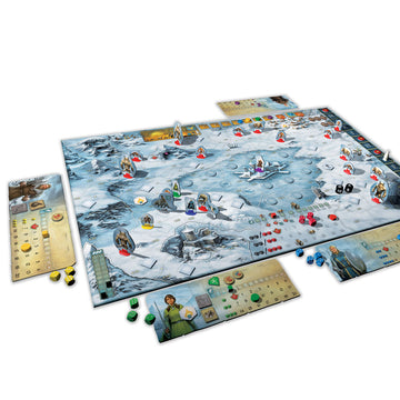Legends of Andor - Eternal Frost - Board game setup with a snowy, icy battlefield map, colorful character tokens, dice, and player boards featuring fantasy.