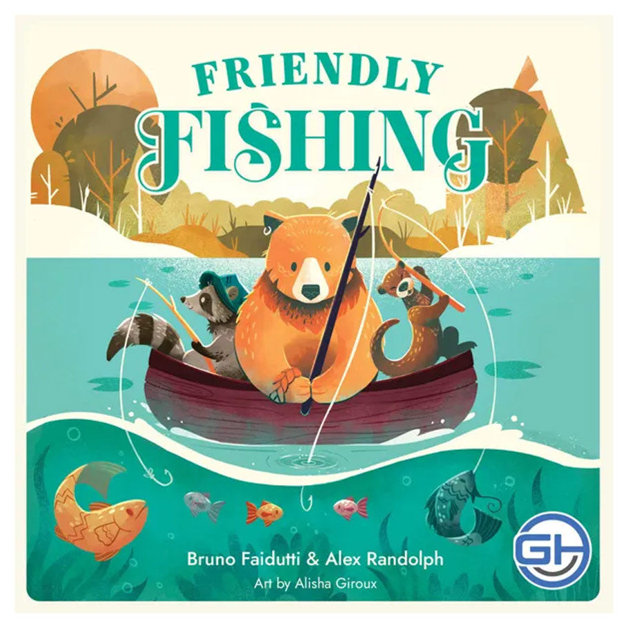 Friendly Fishing (PREORDER) - Colorful game box cover featuring a bear and beaver fishing from a boat in a lake surrounded by trees.