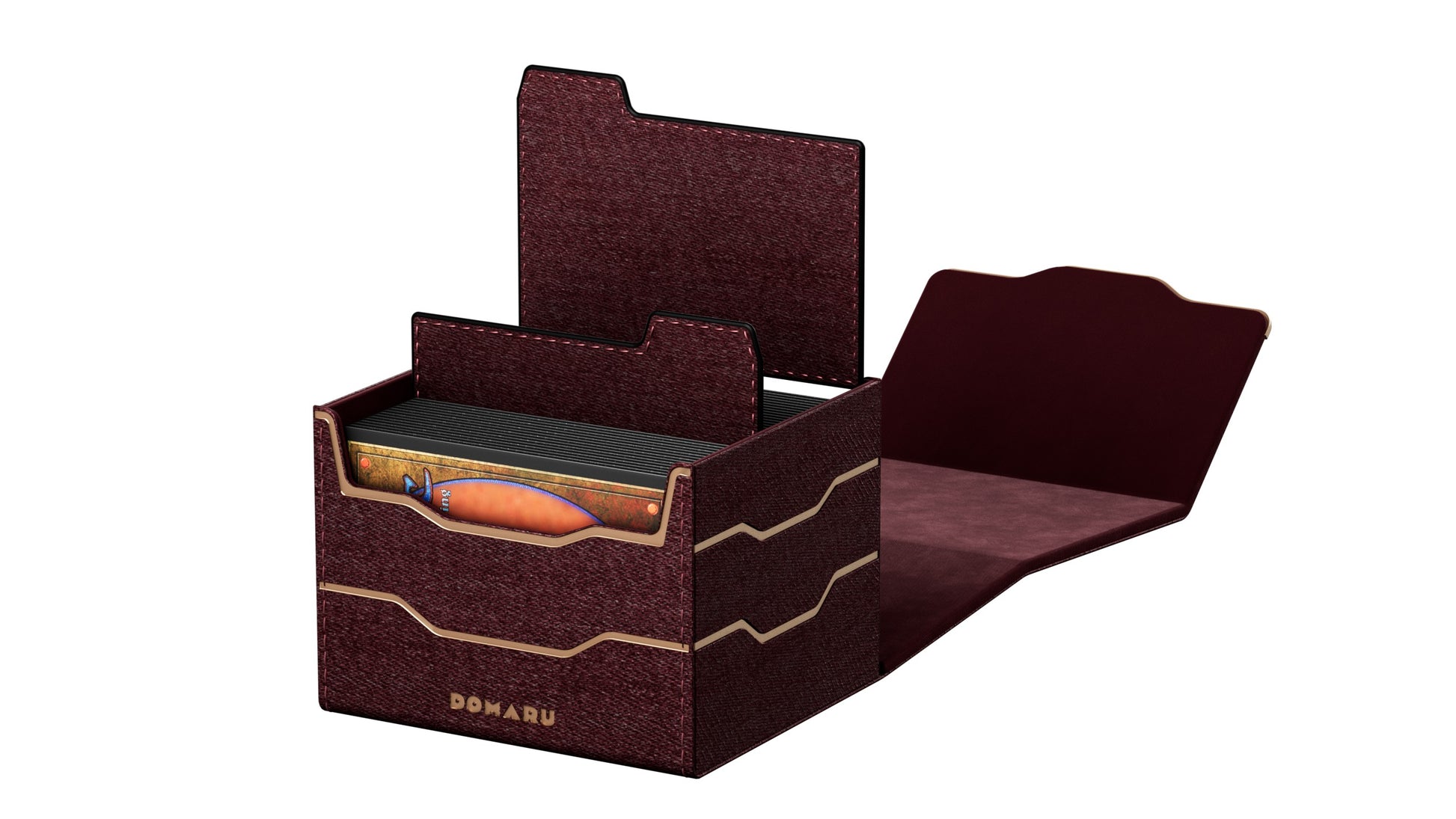 Gatherers' Tavern: Domaru Armory Collection Horizon 100+ Deck Box - Carnelian (PREORDER) - Dark red textured deck box with a scalloped hinged lid and gold wave accents, designed to hold over 100 cards.