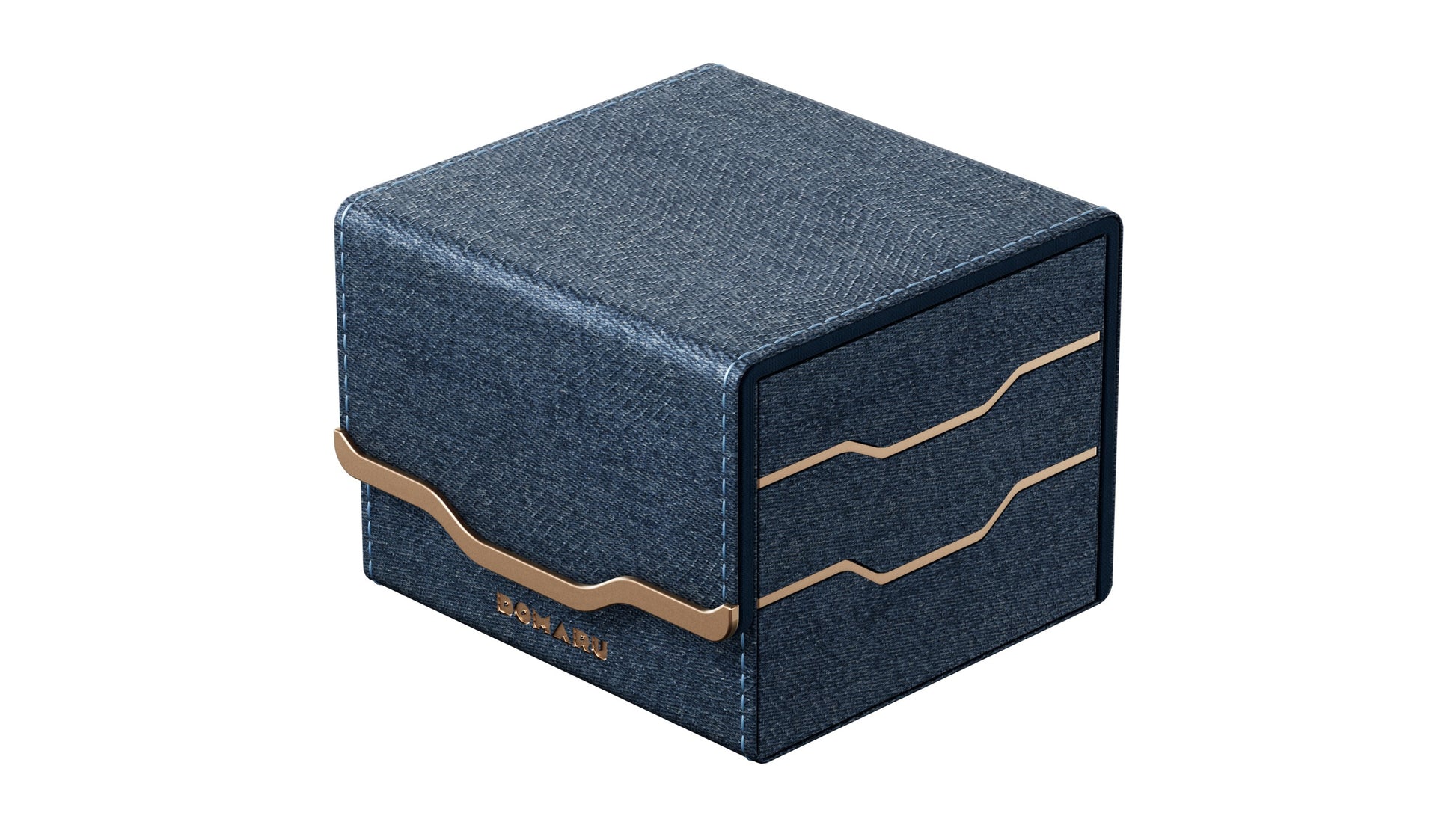 Gatherers' Tavern: Domaru Armory Collection Horizon 100+ Deck Box - Lazulite (PREORDER) - Dark blue fabric deck box with copper-colored wavy metal accents and a compact cube shape.