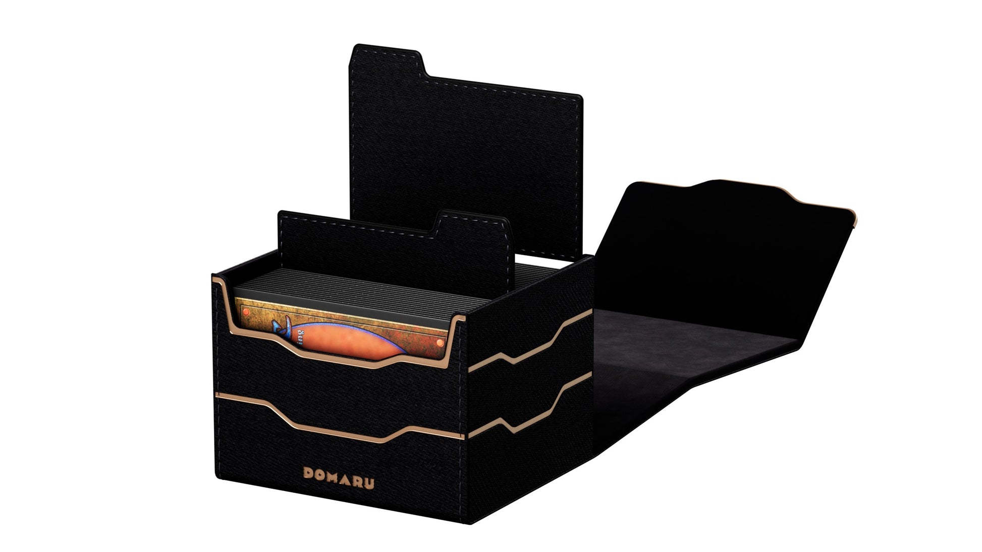 Gatherers' Tavern: Domaru Armory Collection Horizon 100+ Deck Box - Obsidian (PREORDER) - Black rectangular card deck box with gold accents and an open lid, designed to hold 100+ cards.