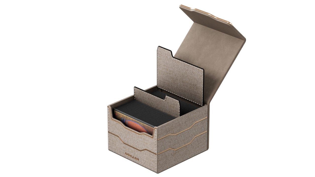 Gatherers' Tavern: Domaru Armory Collection Horizon 133+ Deck Box - Alabaster (PREORDER) - Alabaster-colored rectangular deck box with hinged lid and dark interior compartments for card storage.