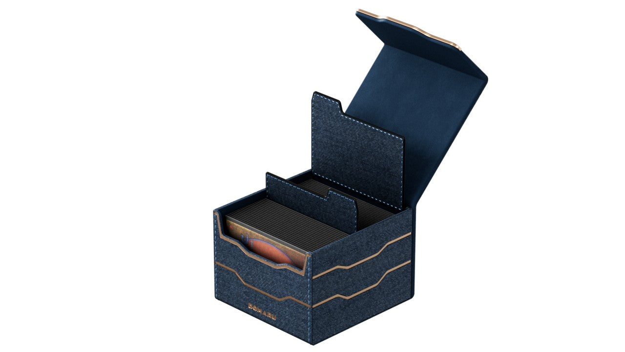 Gatherers' Tavern: Domaru Armory Collection Horizon 133+ Deck Box - Lazulite (PREORDER) - Navy blue rectangular deck box with copper accents, hinged lid, and compartment divider for card storage.
