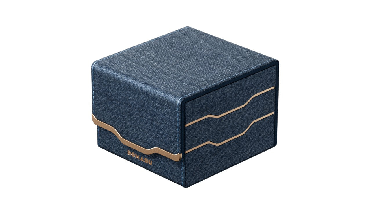 Gatherers' Tavern: Domaru Armory Collection Horizon 133+ Deck Box - Lazulite (PREORDER) - Dark blue textured deck box with gold wave-like accents and a secure lid designed to hold cards and gaming accessories.