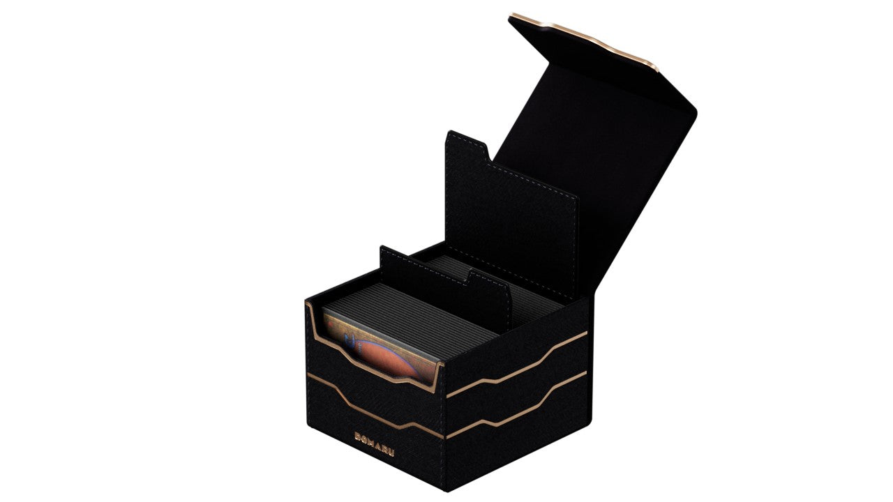 Gatherers' Tavern: Domaru Armory Collection Horizon 133+ Deck Box - Obsidian (PREORDER) - Black rectangular deck box with gold geometric lines and an open hinged lid revealing interior card compartments.