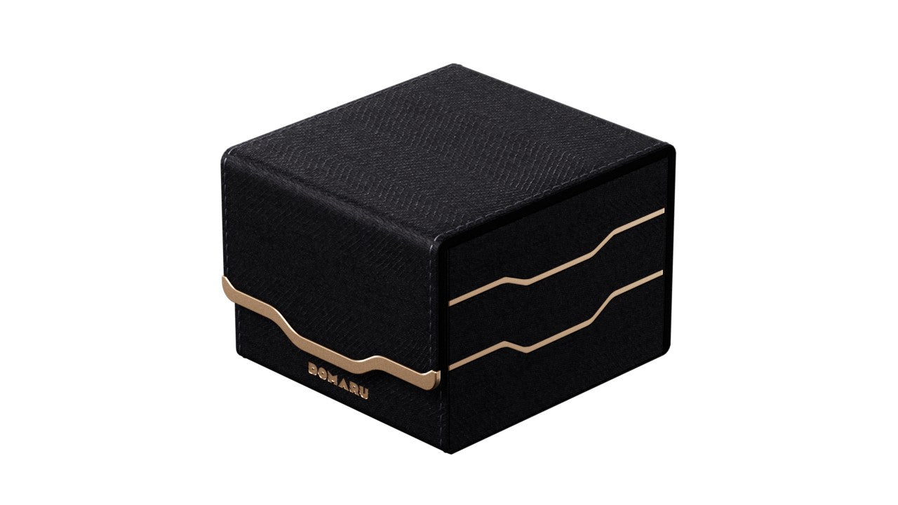 Gatherers' Tavern: Domaru Armory Collection Horizon 133+ Deck Box - Obsidian (PREORDER) - Black rectangular deck box with smooth matte finish and gold wave-like lines wrapping around the sides.
