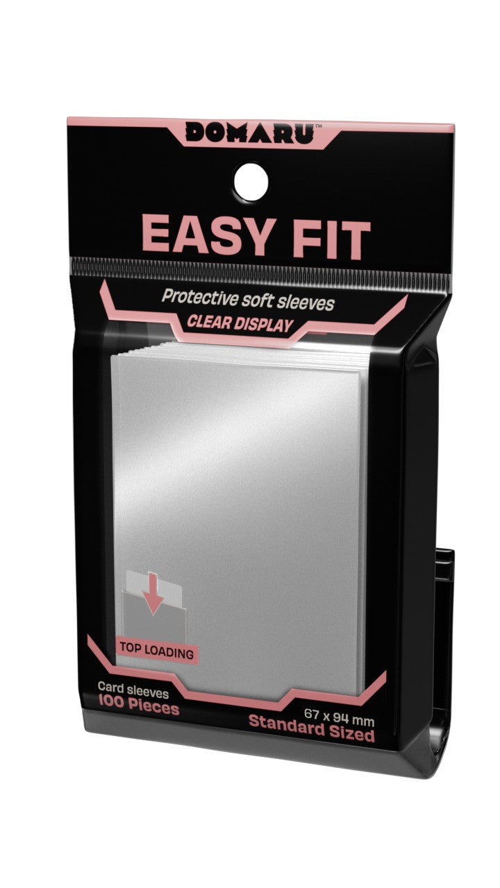 Gatherers' Tavern: Domaru Easy Fit Standard Sized Card Sleeve 100ct - Clear - Clear plastic card sleeves in a black and pink rectangular package labeled Domaru Easy Fit, standard size, 100 count.