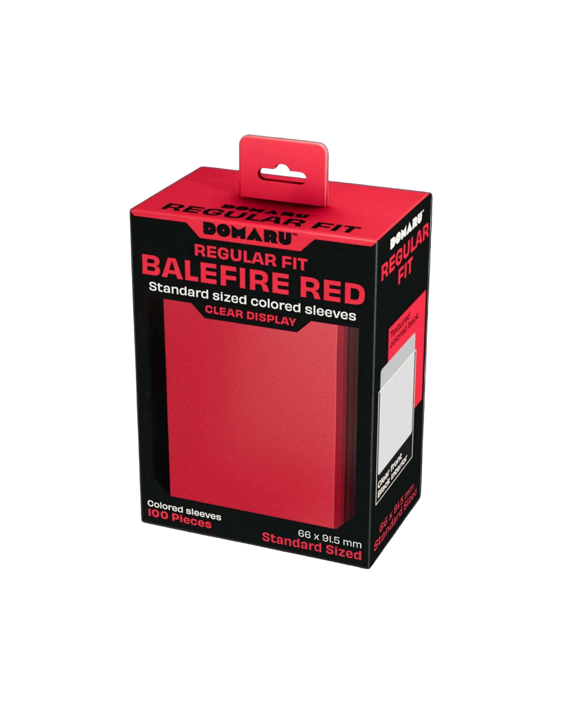 Gatherers' Tavern: Domaru Regular Fit Standard Sized Card Sleeve 100ct - Balefire Red - Red card sleeve box with black edges, labeled "Domaru Regular Fit Balefire Red," holding 100 standard-sized sleeves for card