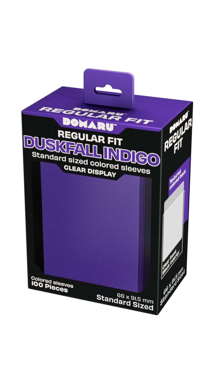 Gatherers' Tavern: Domaru Regular Fit Standard Sized Card Sleeve 100ct - Duskfall Indigo - Purple card sleeves in black and purple box labeled Gatherers' Tavern Domaru Regular Fit Duskfall Indigo, 100 count.